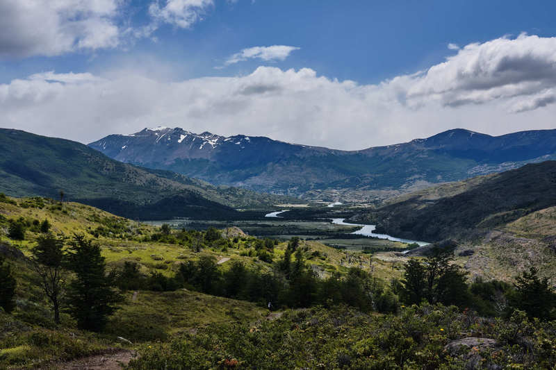 One of the first views of Paine River Valley. Serón campsite is by this river, at the end of the flat area.