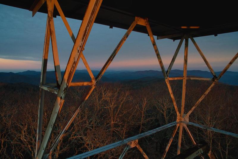 Enjoying the 360 degree views atop the Albert Mountain fire tower as the sun comes up.