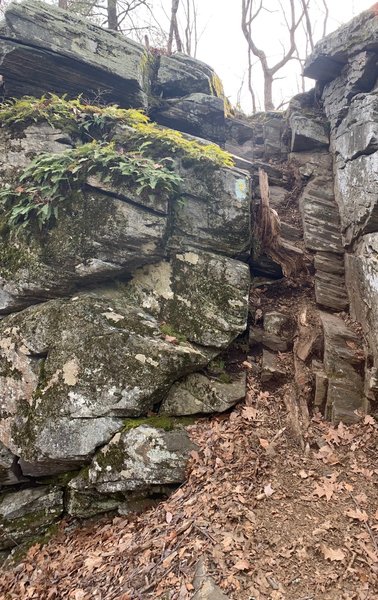 An example of a Mile of Ledges rock scramble up the Blue/Yellow-Dot trail