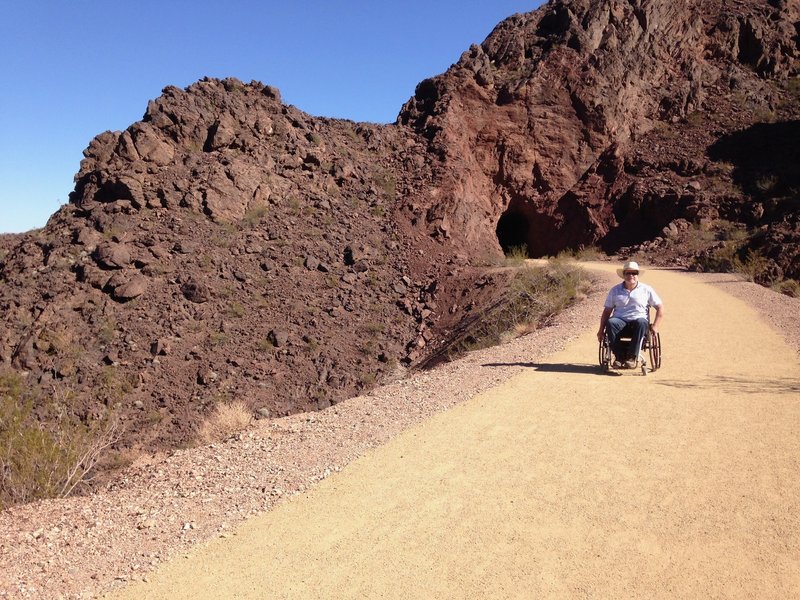 Stabilized natural surface for 2.2 miles through the five tunnels on the Historic Railroad Trail at Lake Mead.