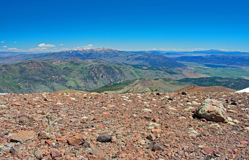 Looking north form the ridge near Eagle Peak towards Buckeye Canyon, with Wheeler Peak and Mt. Patterson in the distance and the Bridgeport Reservoir in the upper right.