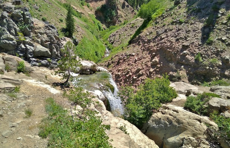 At the top of Mill Creek Falls, the tallest waterfall in Lassen Volcanic Nationals Park, East Sulphur Creek plunges off a cliff to drop over 70 feet into its creek valley far below.