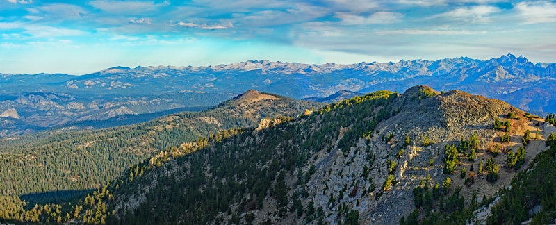 North and northwest section of 270 degree view. On a clear day, the views from here would be truly spectacular. Mt. Ritter is on the right. Behind Pincushion Peak in the center is Clover Meadow area and the ridge with Isberg Pass.
