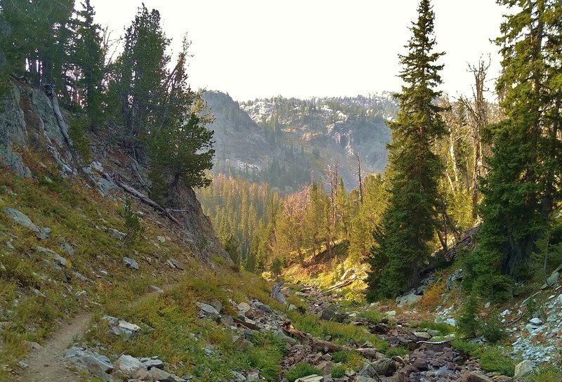 The upper reaches of Pine Creek, just about a half mile from Summit Lake, its source, are in the steep sided valley ahead. The trail, going south, descends to cross the creek and then climb out of the creek valley in the distance.