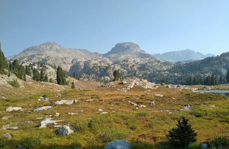 Sky Pilot Peak (center), 12,129 feet., watching over the rocky meadows, is a distinctively landmark north of the CDT here.
