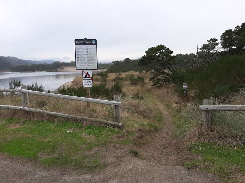 Trailhead of the Bay Trail with a sandy track passing between two wooden fences.