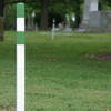 The trail is marked by white stakes with green bands.