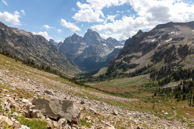 Mount Owen, Grand Teton, and Middle Teton at the other end of Cascade Canyon