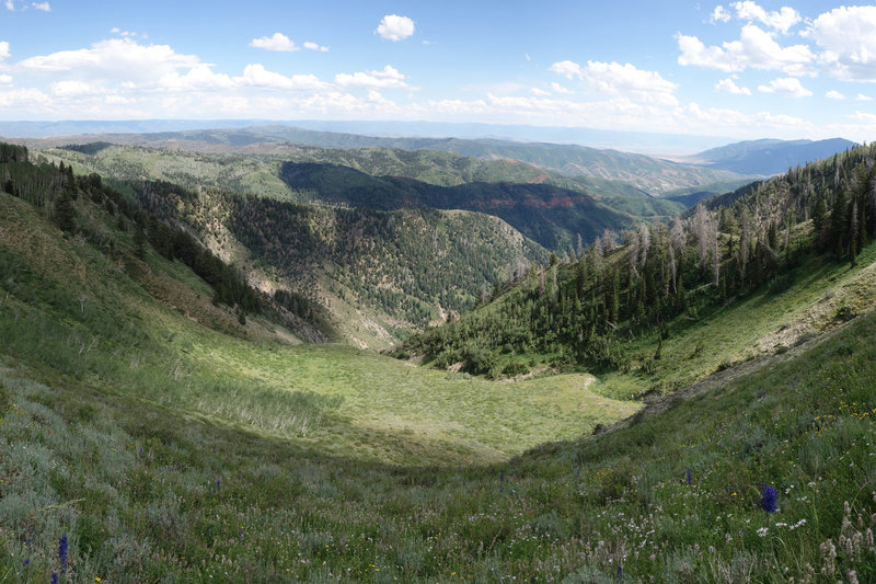 70 degree panorama from the Mt Nebo bench trail with Hop Creek Ridge center left and Salt Creek Peak at the far right