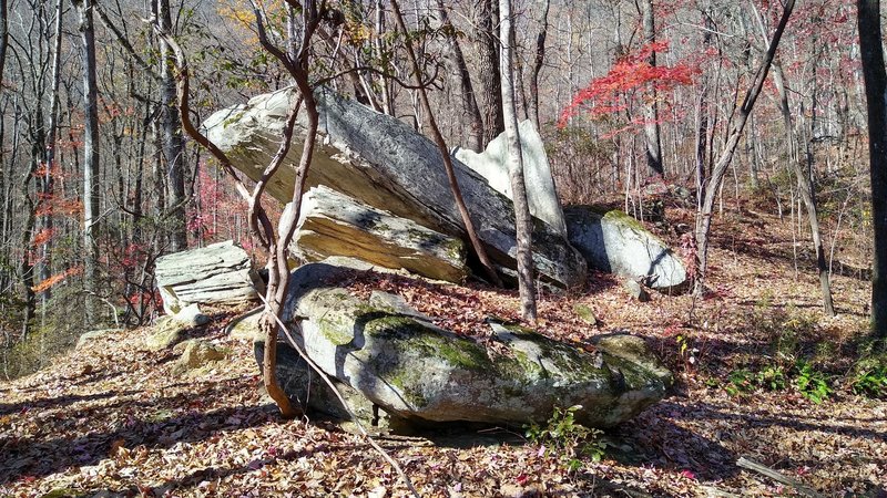 Stack of rock slabs along trail.