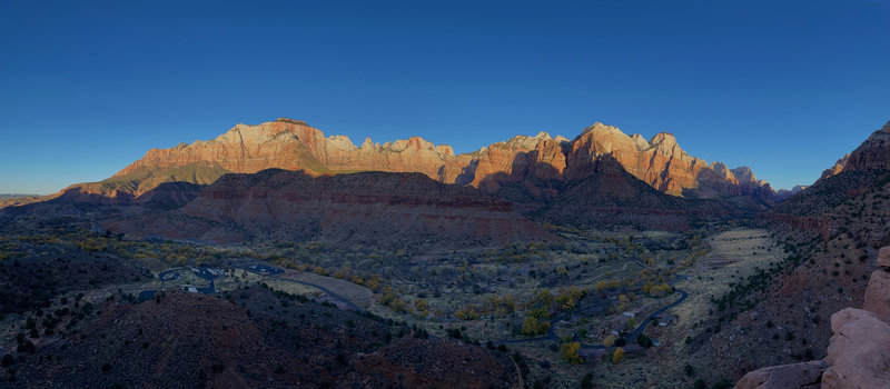 Sunrise from the Watchman Overlook. The sun lights up the peaks on the opposite side of the valley. Definitely worth getting up there in the morning for this great view.