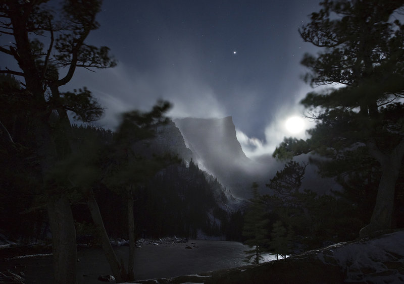 Hallet Peak, 2 am, with moon and Jupiter