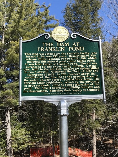 Historic Marker for the Sweet Pond Dam.