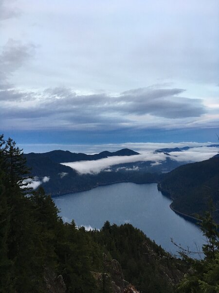 Looking down towards lake crescent, and the strait in the background.