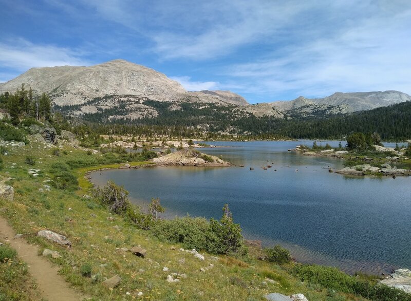 Victor Lake, looking northeast on Victor Lake Trail. Mount Victor, 12,254 ft., is the mountain on the left.