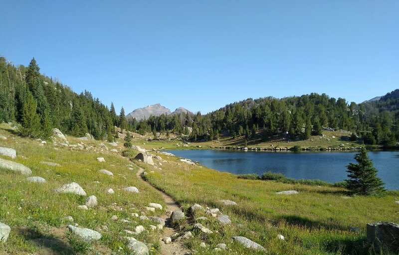 Marms Lake along the CDT with Mt. Geikie, 12,378 ft., in the distance to the north-northwest, on a perfect August morning.