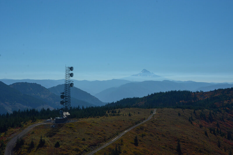 The radio tower and Mount Hood from the top of Three Corner Rock.