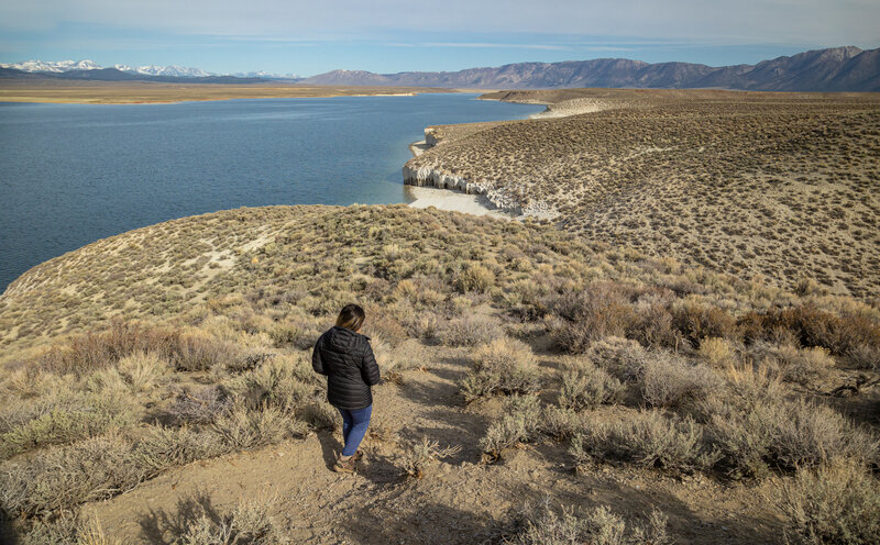 Descending from the bluffs toward the columns below at the edge of Crowley Lake.