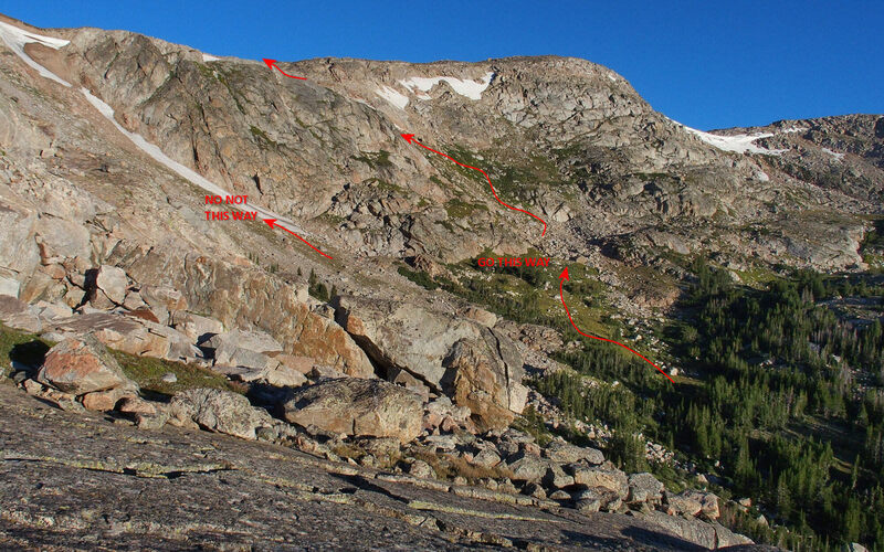 View of options for crossing Exit Pass on the Kearny Creek side on the way down from Loomis Lake.