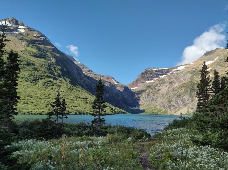 Gunsight Lake and wildflowers. Gunsight Pass over the Continental
