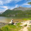 Taking in the gorgeous lake and mountain views from the shoreline of Loon Lake.
