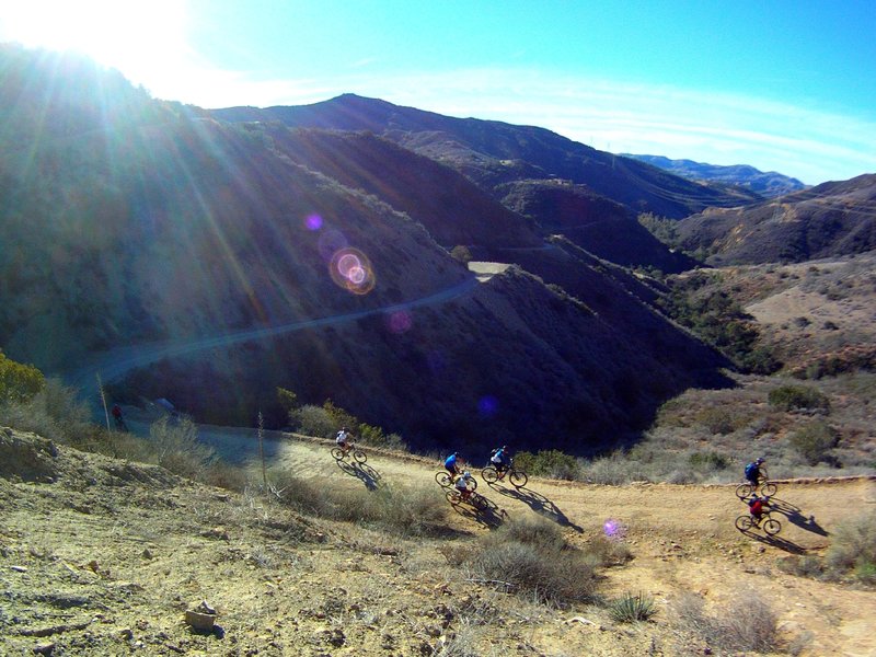 Looking down from a big, wide switchback in the heart of the climb.