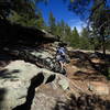 Lesley riding over some exposed rock.