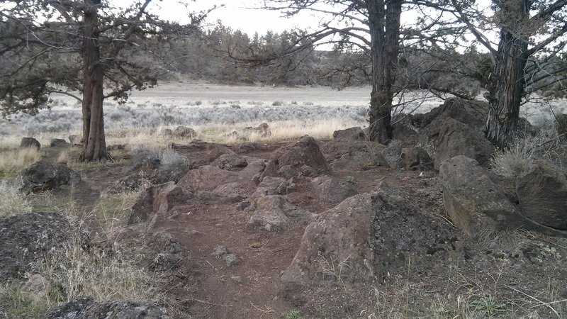 Rock section. The only easy line is the bail-out to the left.