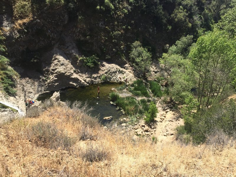 A waterfall. The signs say not to swim, but clearly people do.