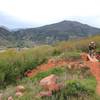 Rider heading northwest on the Defiance Trail. Lookout Mountain & the Scout Trail are in the distance. Photo credit: Two Rivers Trails.