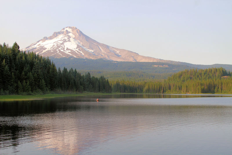 The view of Mt. Hood from Trillium Lake Loop Trail in summer.