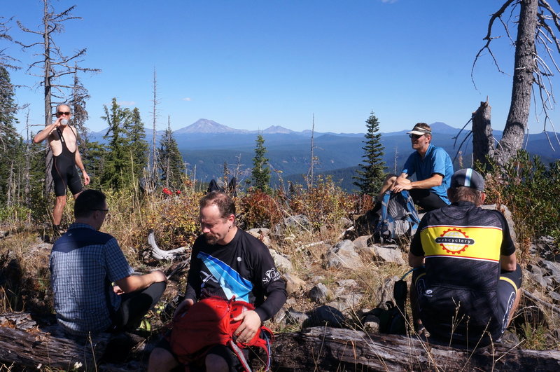 Grabbing some lunch after the climb with amazing views of the Three Sisters, Broken Top and Mt. Bachelor on the horizon.