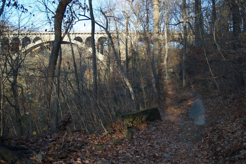 Old acqueduct and view of Walnut Ln from below on the Wissahickon trails.