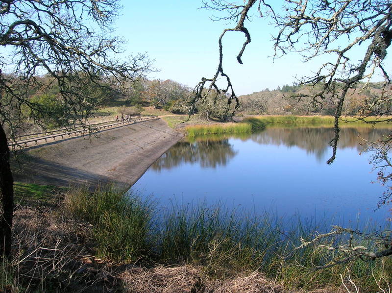 The view of Lake Ilsanjo dam from the Spring Creek Trail. The name "Ilsanjo" is an eponymous contraction of former landowners "Ilsa and Joe" Coney.