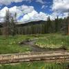Bridge crossing with meadow and Indian Peak views.