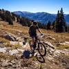 Dana and Clark Dog on the Ain't Life Grand (aka Peaked Loop) trail on Peaked Mountains at Grand Targhee Resort in Alta, WY.<br>
Photo: Geordi Gillett
