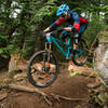 Brandon Porter goes deep on the exit roll on Hidden Trail during the Cascadia Dirt Cup race at Post Canyon.