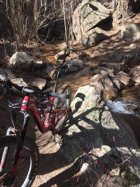 This is one of three creek crossings on the technical downhill on Monument Trail.