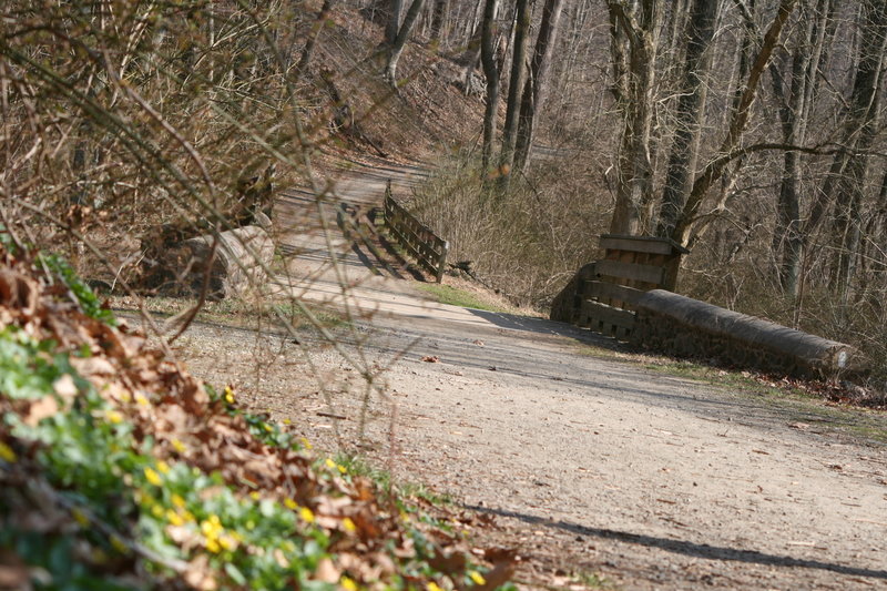 This is the wide, gravel bike path near the intersection of the Brandywine Trail, Rocky Run, and the Rocky Run picnic tables.