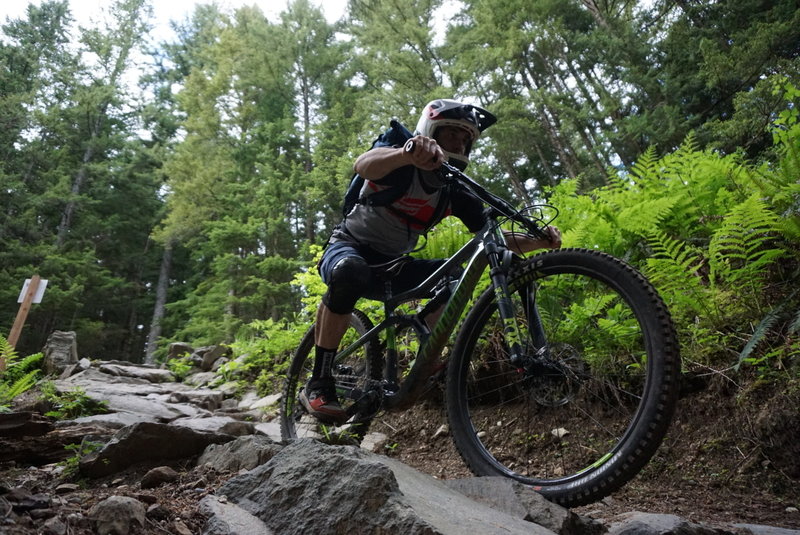 Descending the rock-roll at the top of Lower Predator.