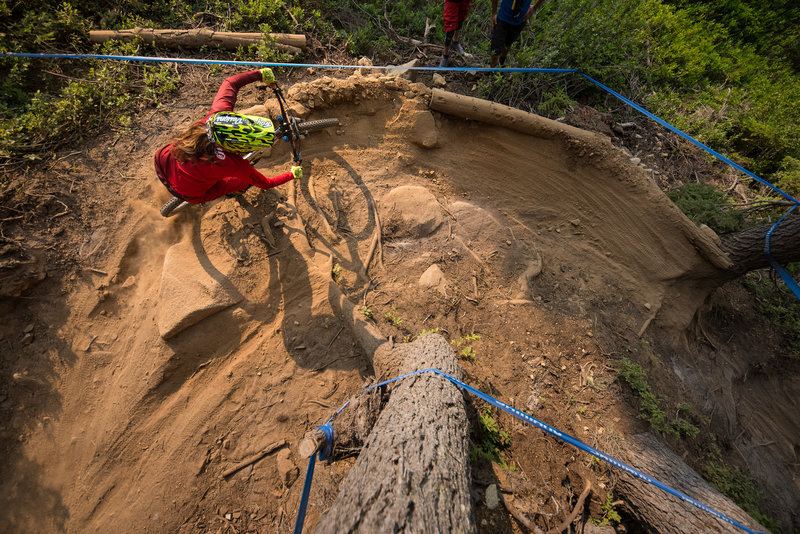 Britney White rounds a rooty corner on Berserker.