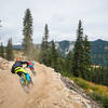 Fast berms and dusty turns. Riders enjoy Rock Crusher at Stevens Pass Bike Park.