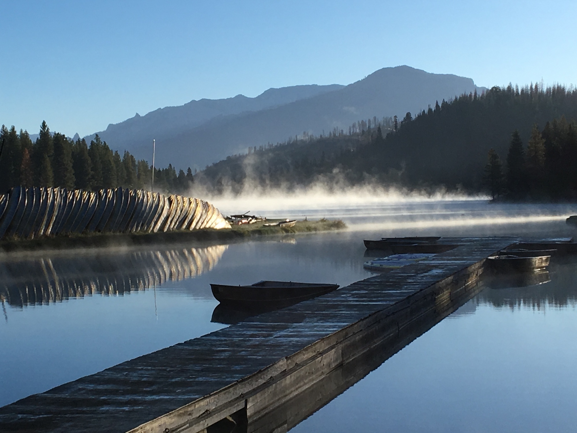 Mist on Hume Lake, (trail circles lake) 9amish, late September.