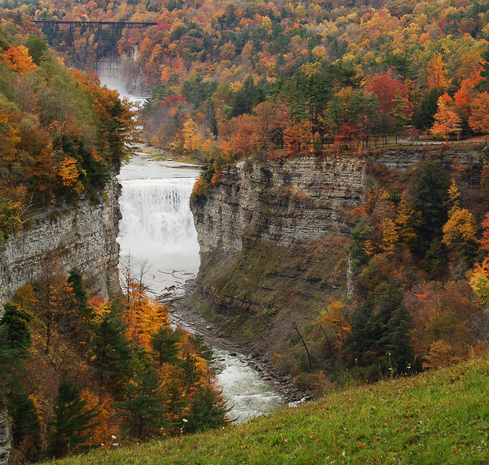 Letchworth State Park - From Inspiration Point with Middle Falls, Upper ...