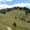 Can you see the rider on the trail?<br>
View from the junction of Porcupine Creek Trail and Warm Springs Ridge.