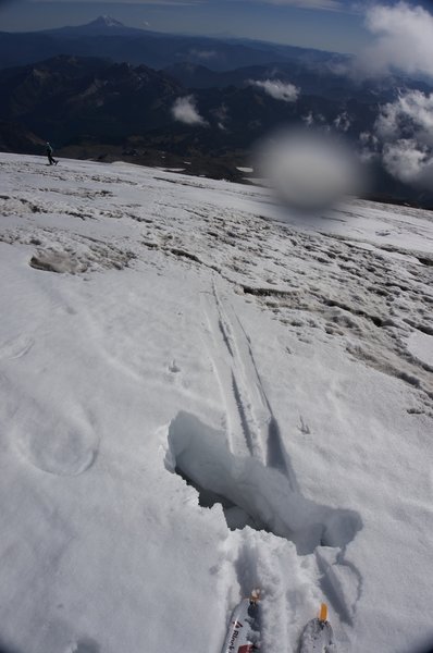 I tell no lie, I learned from my mistake. MUIR SNOWFIELD DOES HAVE CREVASSES! This was taken right below Muir Camp in early October 2014. PLEASE don't make the same mistake I did. I got VERY lucky and urge you to be super carful here when melted out.