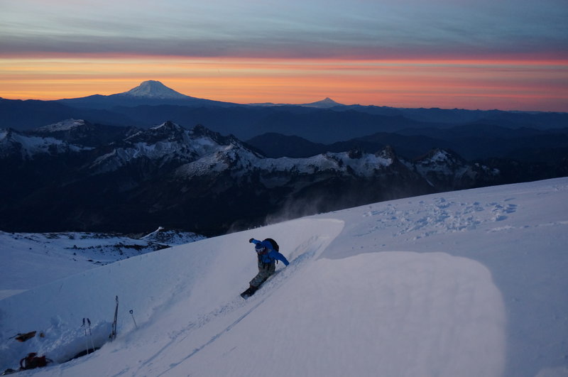 Catching some sunrise turns in on the Muir Snowfield.