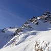 Mount Joffre on the right with Mount Matier on the left. Ascent route is via the glacier leading to the col.