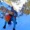 Climbing the last steep section before you emerge from the couloir.