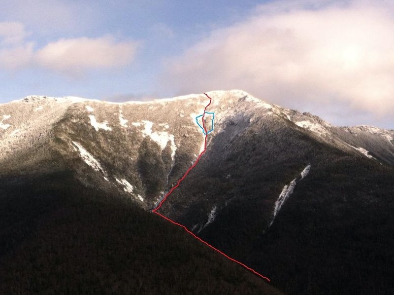Looking east over to Lincoln's Throat. Blue lines are alternate routes around the ice climbing crux. Ski decent starts at the ice route.